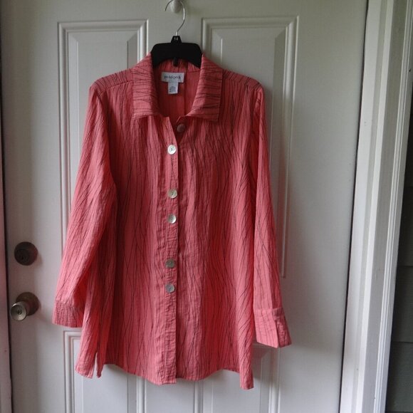 Peck & Peck women's button down top size L, salmon color with small black lines - Picture 1 of 13